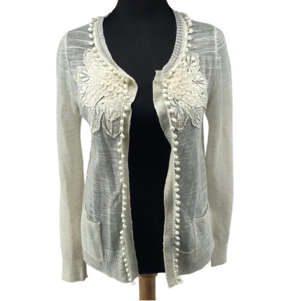 Anthropologie knitted and knotted cardigan open light weight wool blend floral